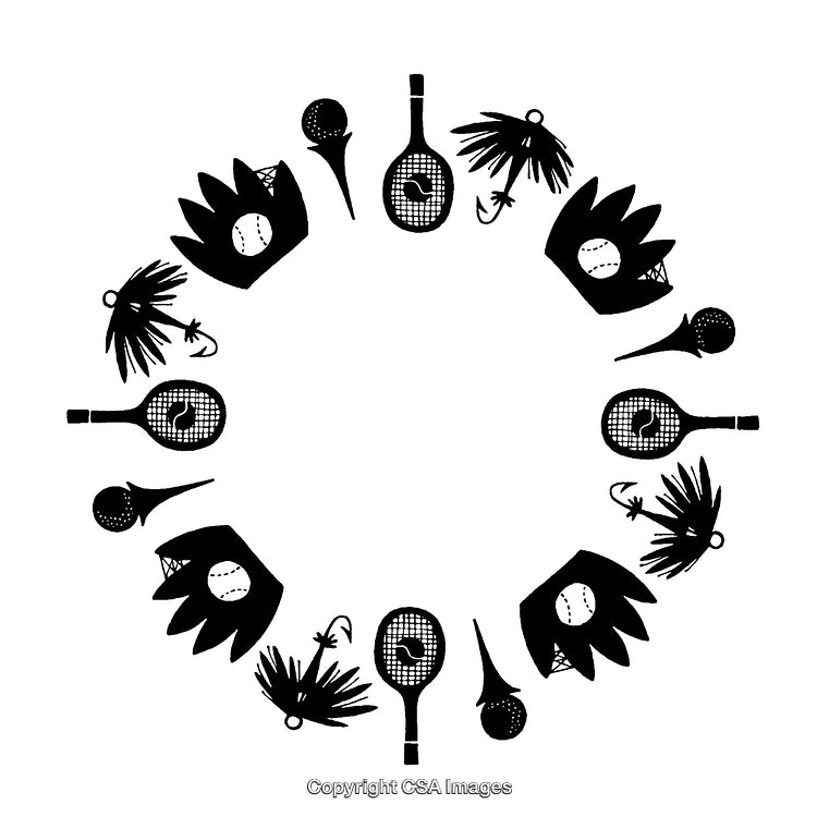 Circular Border Featuring Black and White Sports Equipment Graphics