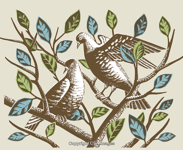 Illustration of Two Doves Perched Among Vibrant Branches with Colorful Leaves
