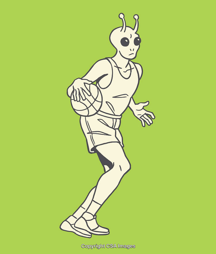 Cartoon Alien Playing Basketball on a Green Background in Line Art Style