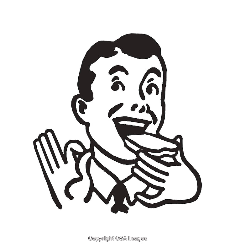 Retro Black And White Illustration of a Character Enjoying a Sandwich