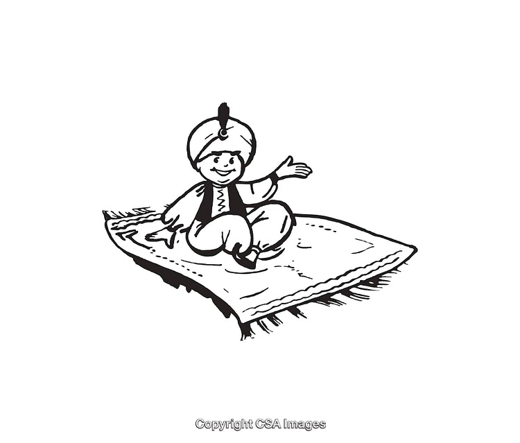 Child Riding a Flying Magic Carpet Line Art Illustration