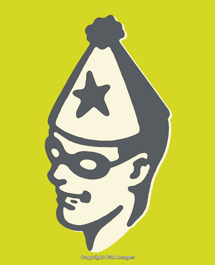 Whimsical Stylized Artwork of a Starry Masked Figure in Bright Colors