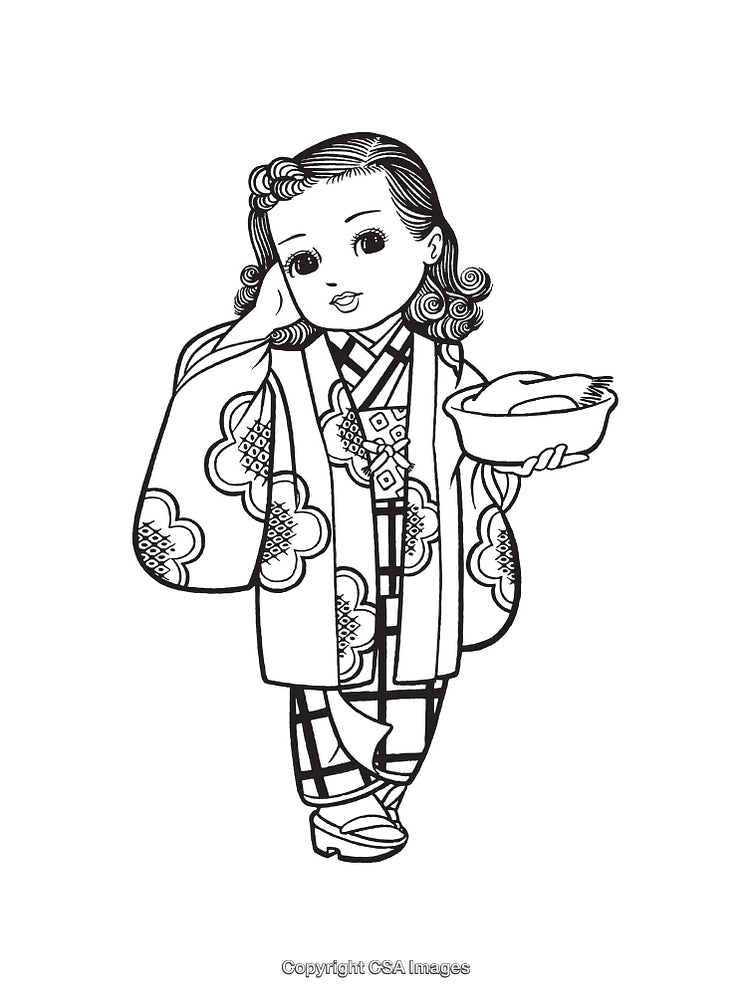 Intricate Line Art of a Girl in Traditional Clothing Holding a Bowl
