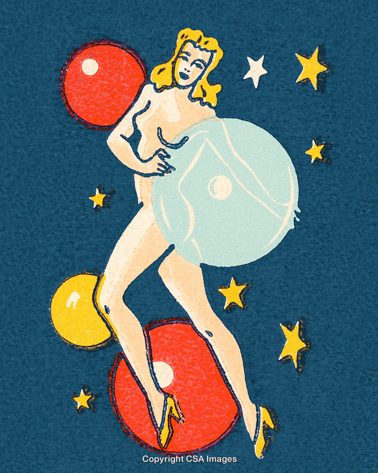 Retro Illustration of a Woman Surrounded by Celestial Stars and Vibrant Spheres