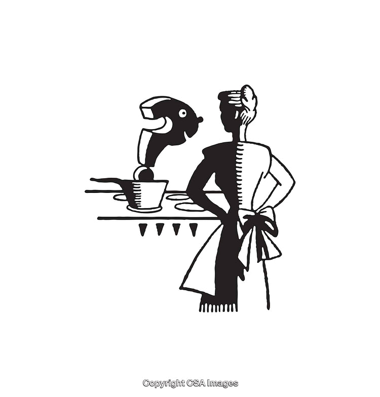 Retro Styled Black and White Line Art Depicting Homemaking Scene