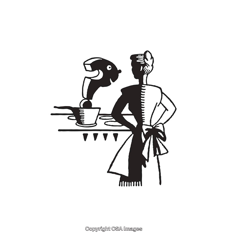 Retro Styled Black and White Line Art Depicting Homemaking Scene