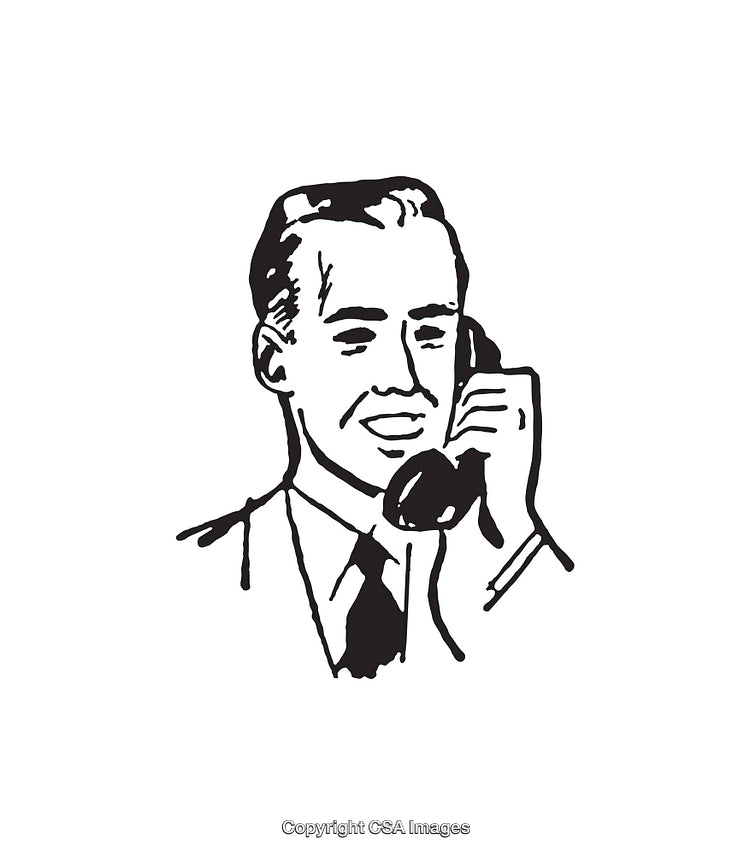 Vintage Line Art Illustration of a Man on a Corded Telephone