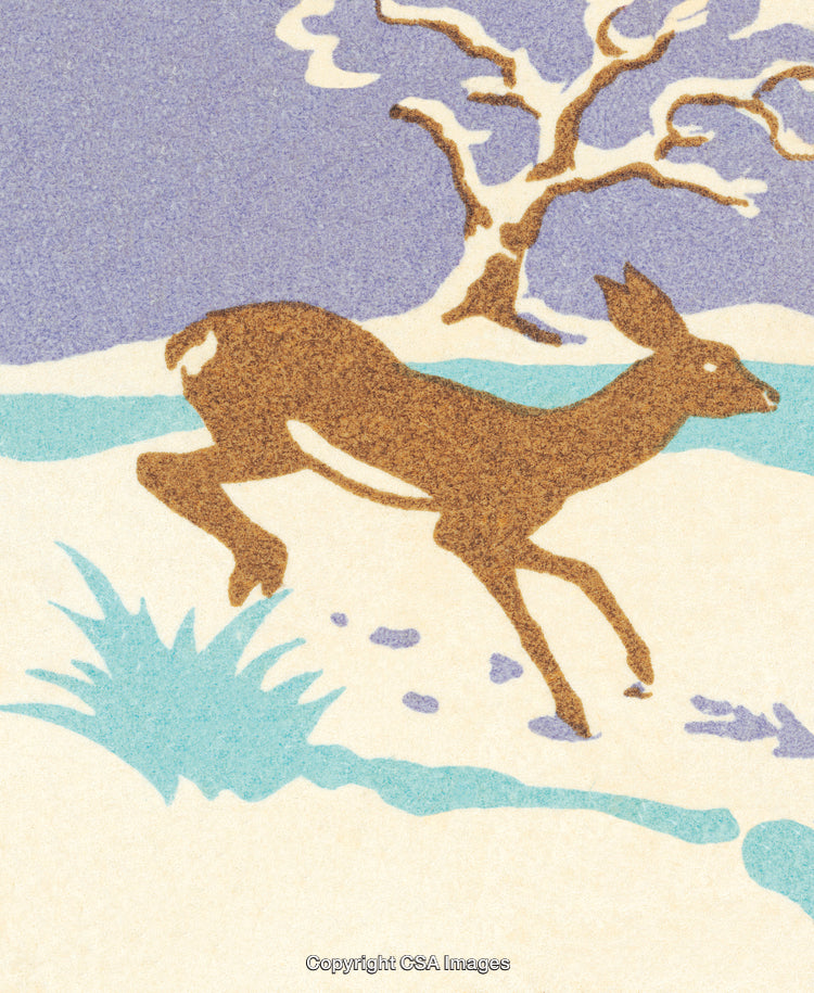 Retro Style Illustration of a Deer Running Through a Snowy Landscape