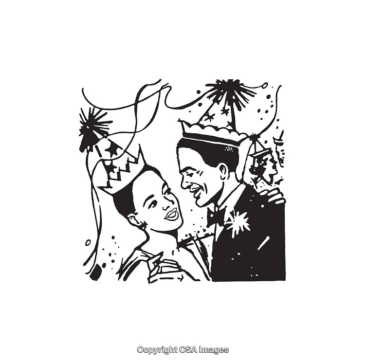 Retro Line Art Illustration of a Celebratory Couple with Party Ambiance
