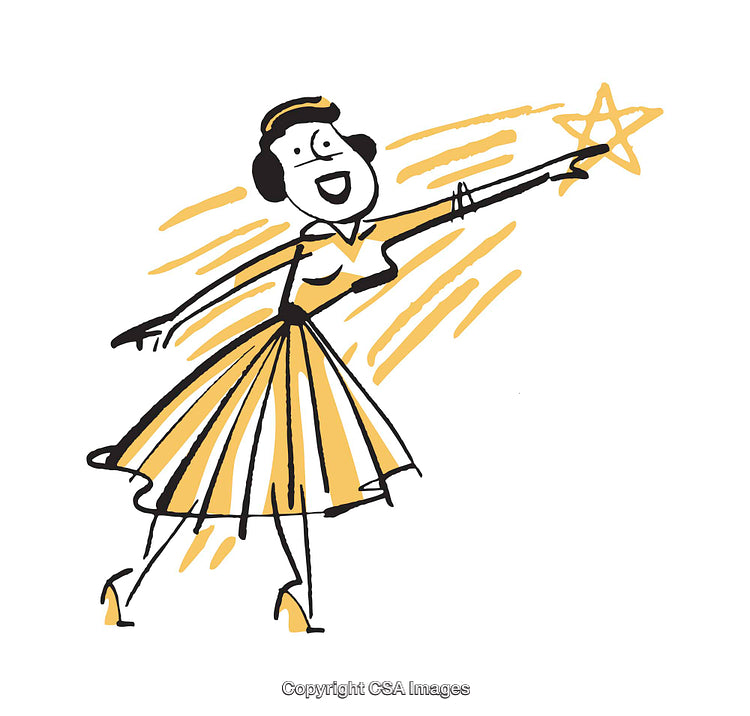 Illustration of Cheerful Woman Reaching for a Star in Retro Style