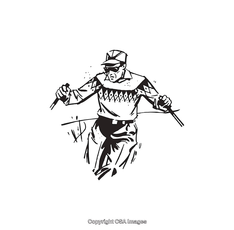 Black and White Line Art Illustration of a Man Holding Golf Clubs
