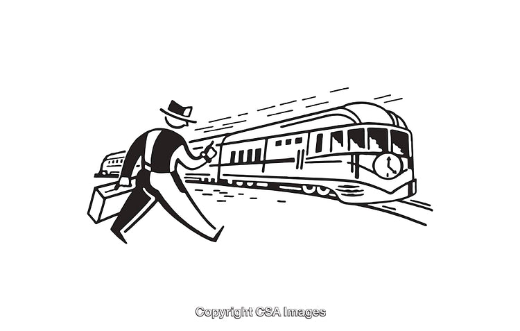 Vintage Black and White Line Art of Businessman Rushing for Train