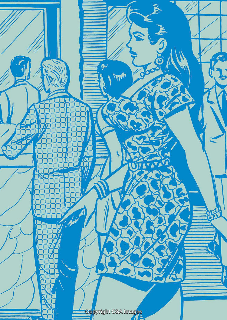 Stylish Woman in Retro Fashion Walking Among Urban Crowd in Blue Illustration
