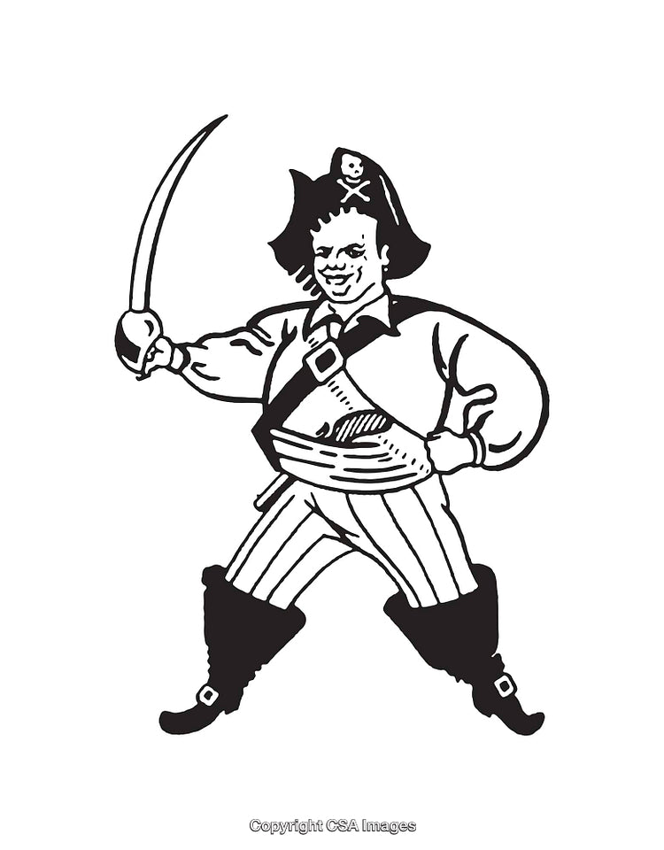 Illustration of a Pirate with Sword in Black and White Line Art