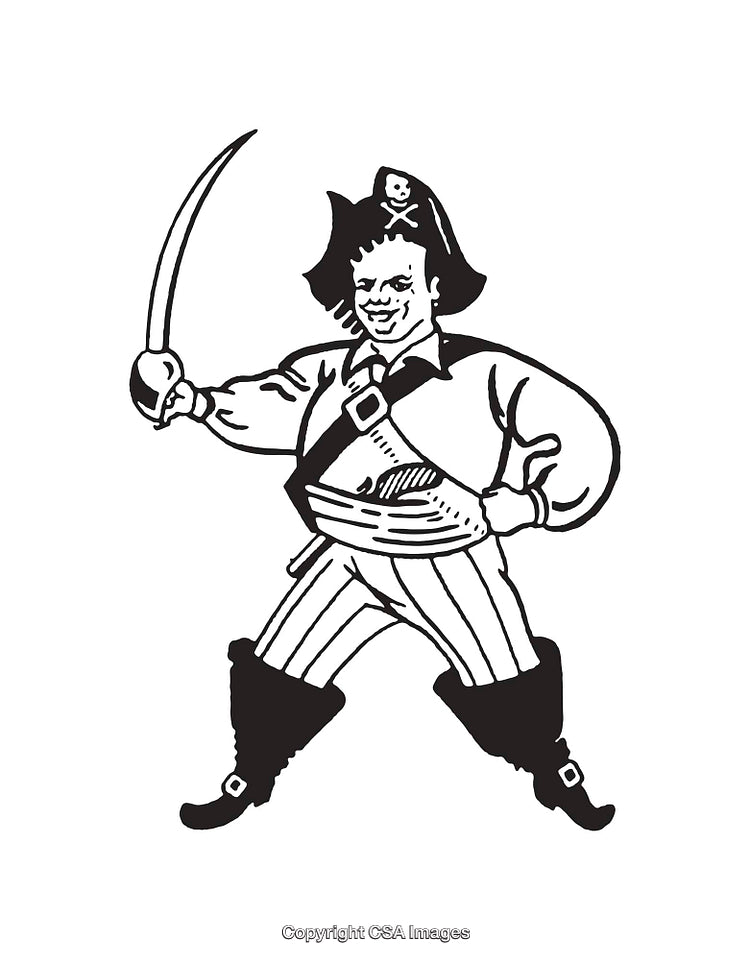 Illustration of a Pirate with Sword in Black and White Line Art