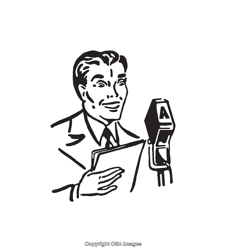 Retro Style Black And White Illustration of Male Speaker at Microphone
