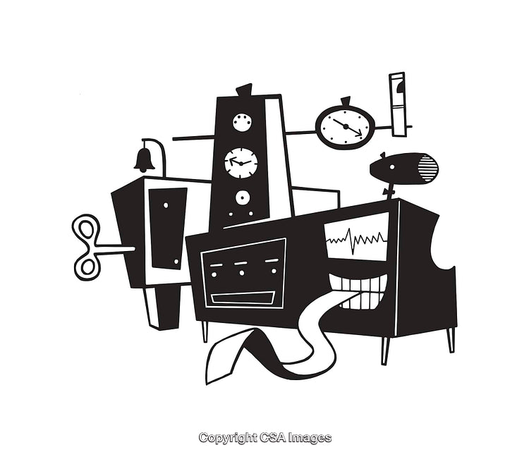 Retro Styled Black and White Line Art of a Mechanical Gadget