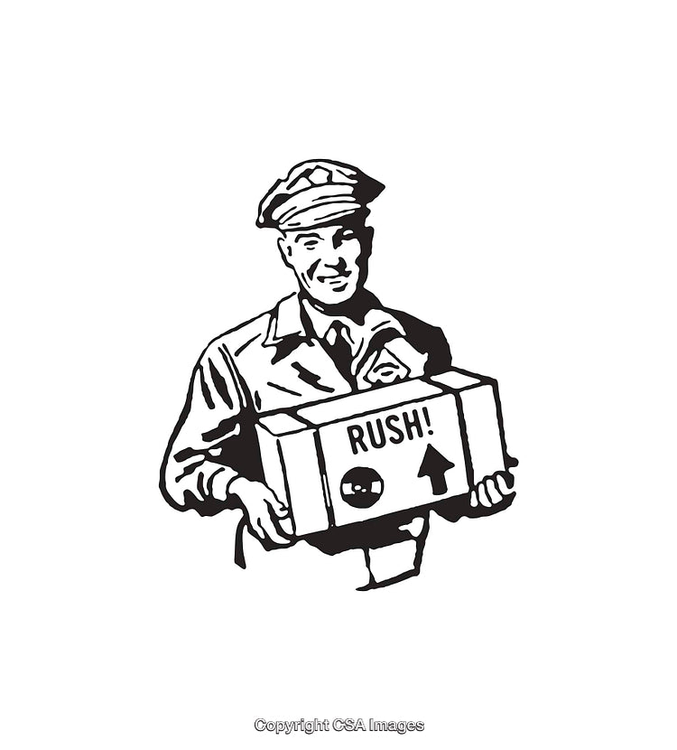 Retro Courier Holding Package With Rush Label in Black and White Line Art