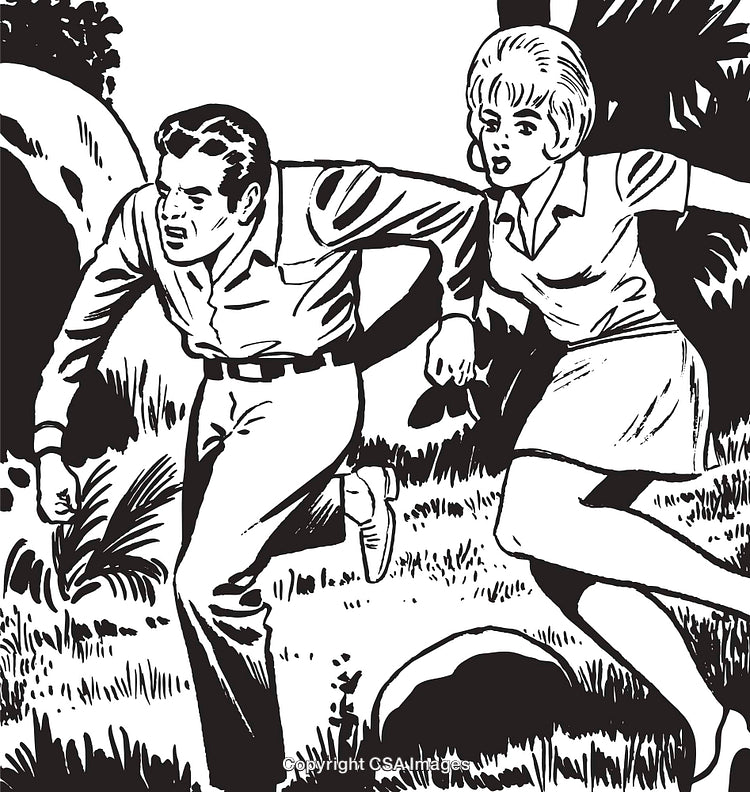 Retro Comic Depiction of a Running Duo in Intense Action Scene