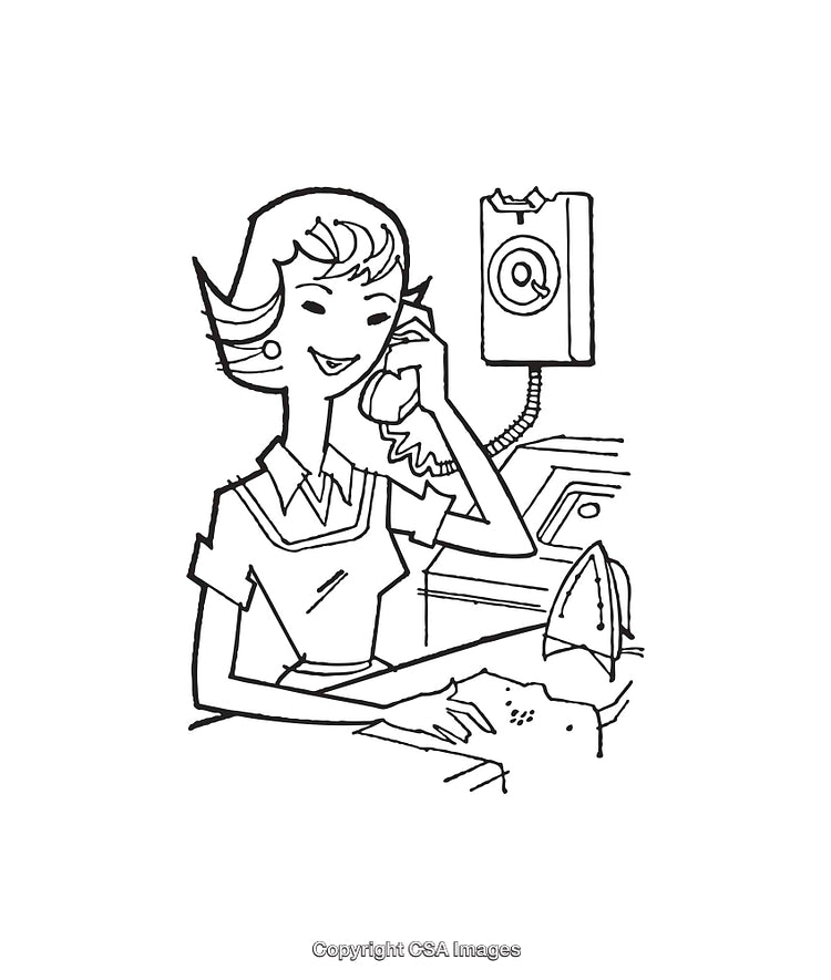 Vintage Line Art Illustration of a Woman Conversing on the Phone