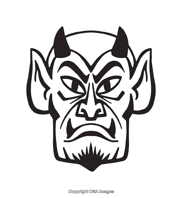 Black and White Illustration of a Devilish Face with Horns