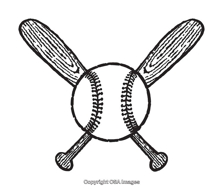 Black and White Line Art of a Baseball and Crossed Bats