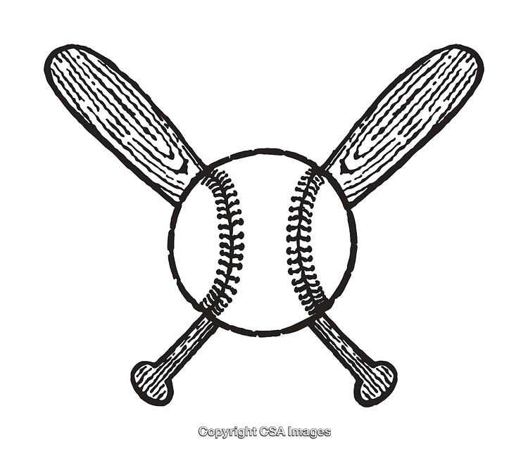 Black and White Line Art of a Baseball and Crossed Bats