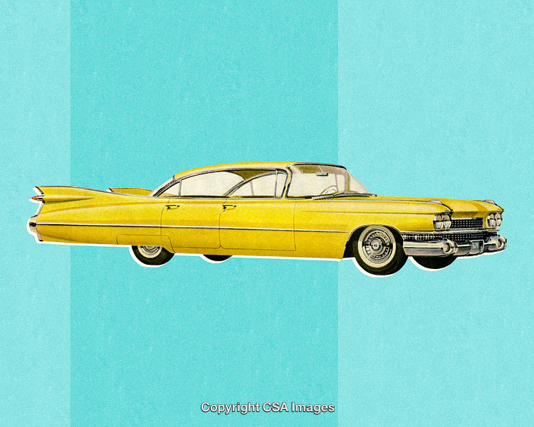Vintage Yellow Car Illustration With Retro Aesthetic and Turquoise Background