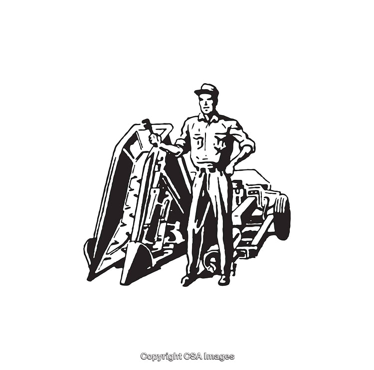Vintage Farmer Illustration Next to Agriculture Equipment in Line Art Style