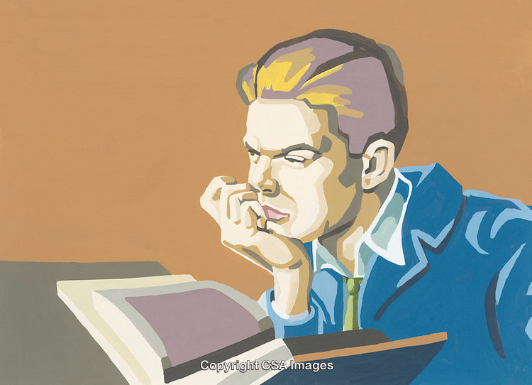 Illustrated Portrait of a Man Studying an Open Book in Contemplation