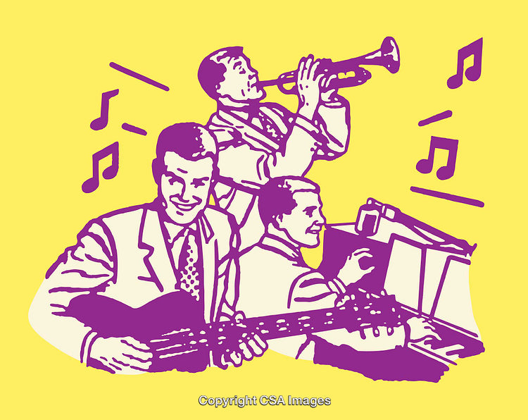Vintage Jazz Trio Musical Illustration in Vibrant Yellow and Purple Colors