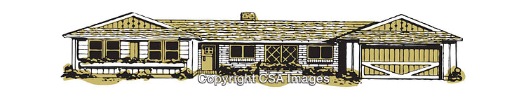 Charming Single-Story Ranch House Illustration in Yellow and Black Tones