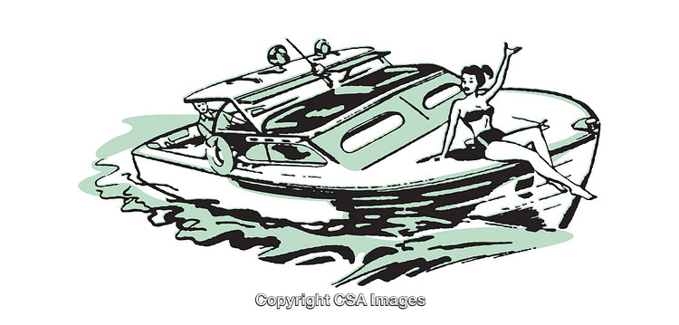 Retro-Styled Illustration of a Woman on a Motorboat in Calm Waters