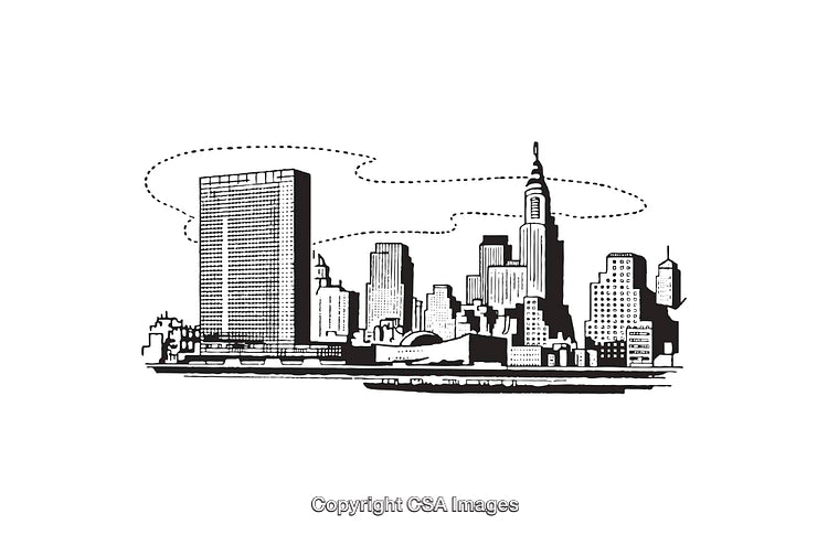 Black and White Line Art Illustration of an Urban Skyline with Skyscrapers