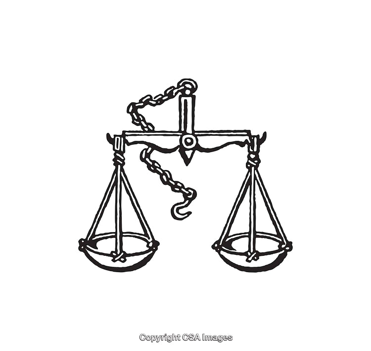 Vintage Black and White Line Art Illustration of a Balance Scale