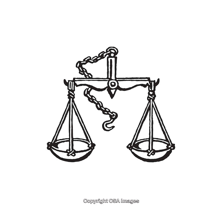 Vintage Black and White Line Art Illustration of a Balance Scale