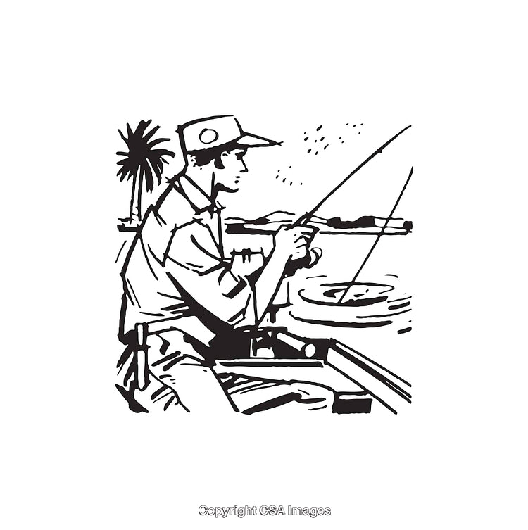 Black And White Illustration of a Man Fishing by a Tranquil Lake
