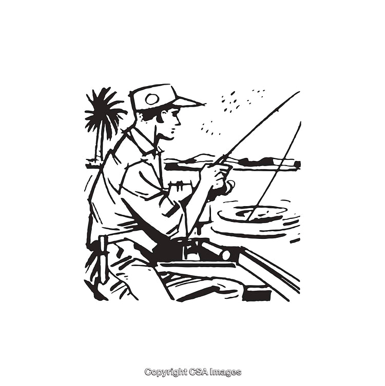Black And White Illustration of a Man Fishing by a Tranquil Lake