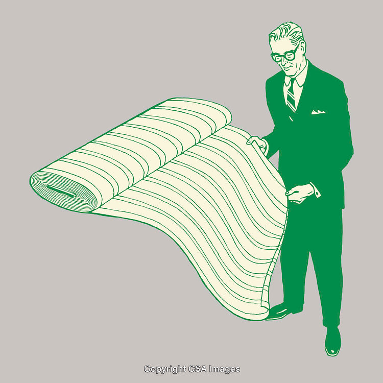 Retro-Styled Line Art Illustration of a Man Displaying Fabric