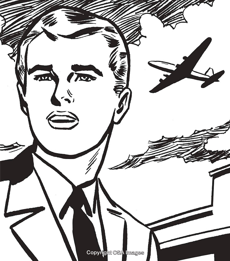 Retro Illustration of a Businessman with Airplane in Background