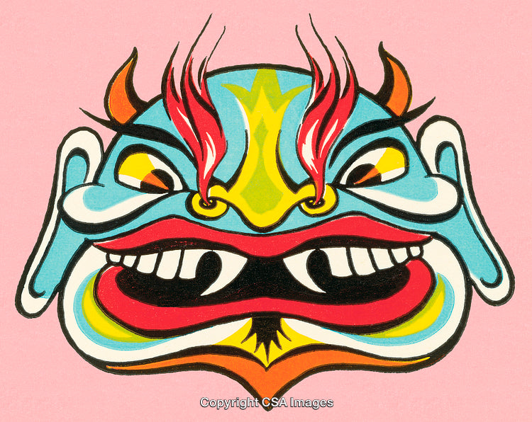Colorful Traditional Mask Design with Vibrant Patterns on a Pink Background