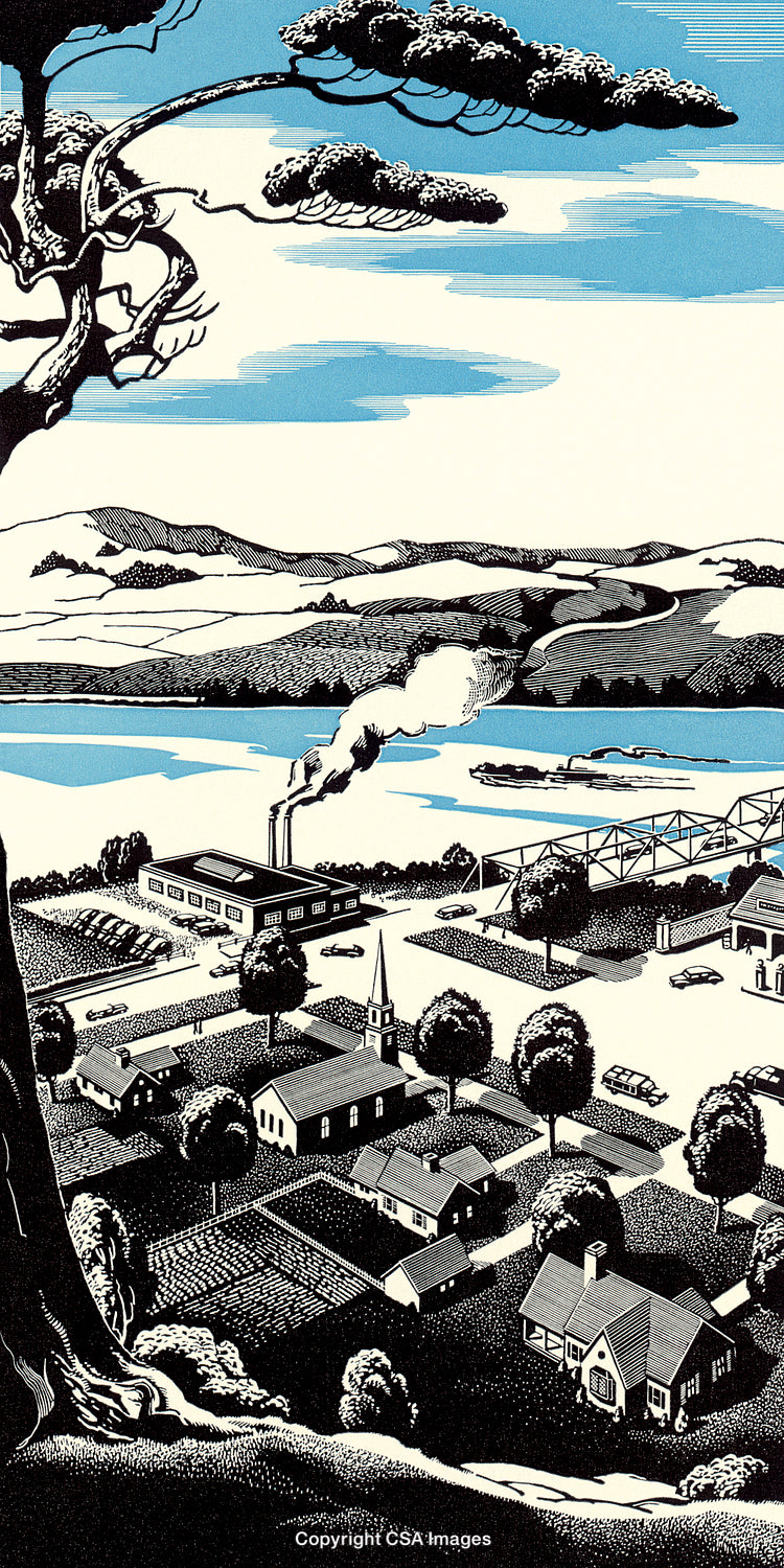 Scenic Town With Landscape and Factory Depicted in Retro Illustration