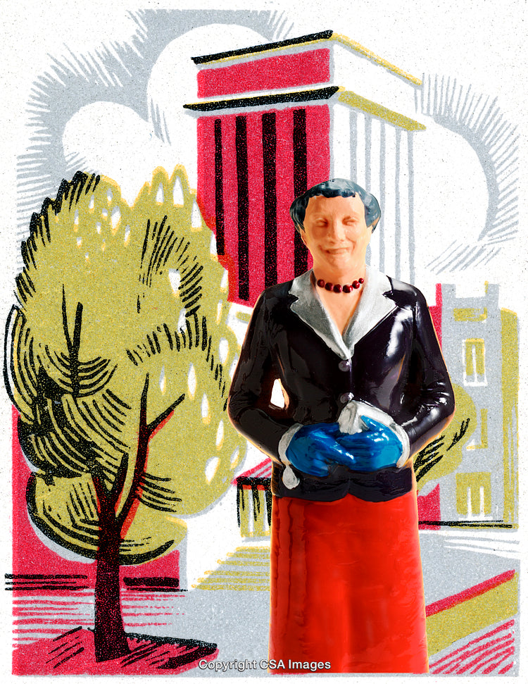 Vintage-Style Figurine with Vibrant Painted Colors in Graphic Background