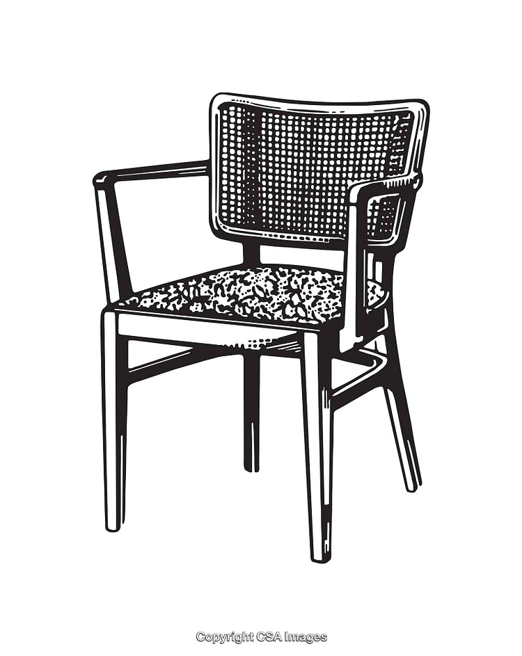 Black and White Line Art Illustration of a Wooden Chair with Armrests