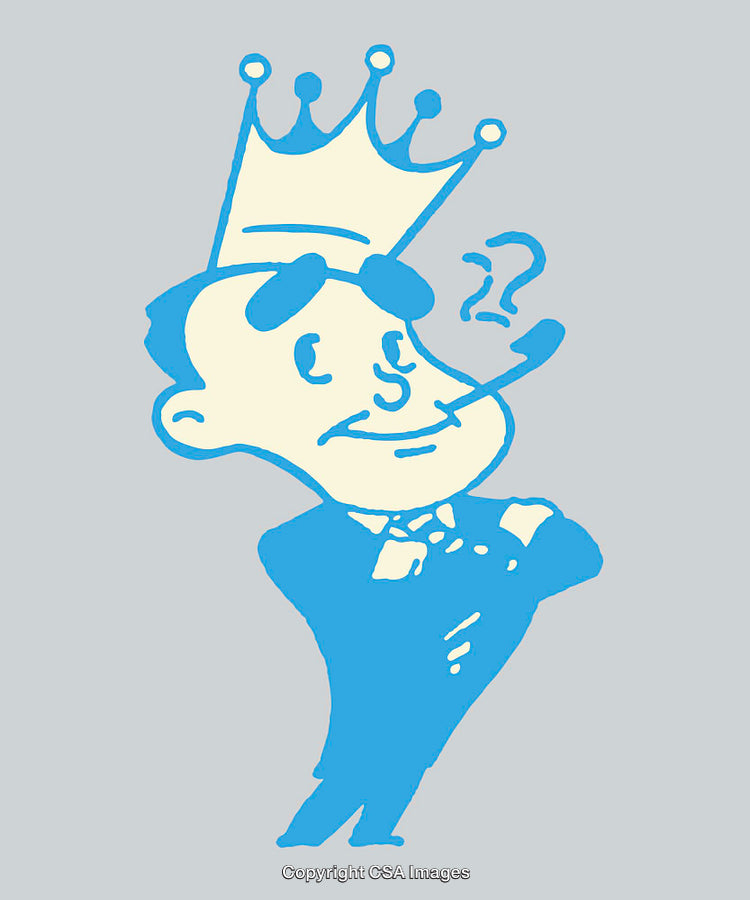 Blue Cartoon Illustration of a King with a Crown Over Gray Background