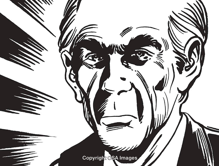 Black and White Illustrated Portrait of a Stern-Faced Elderly Man