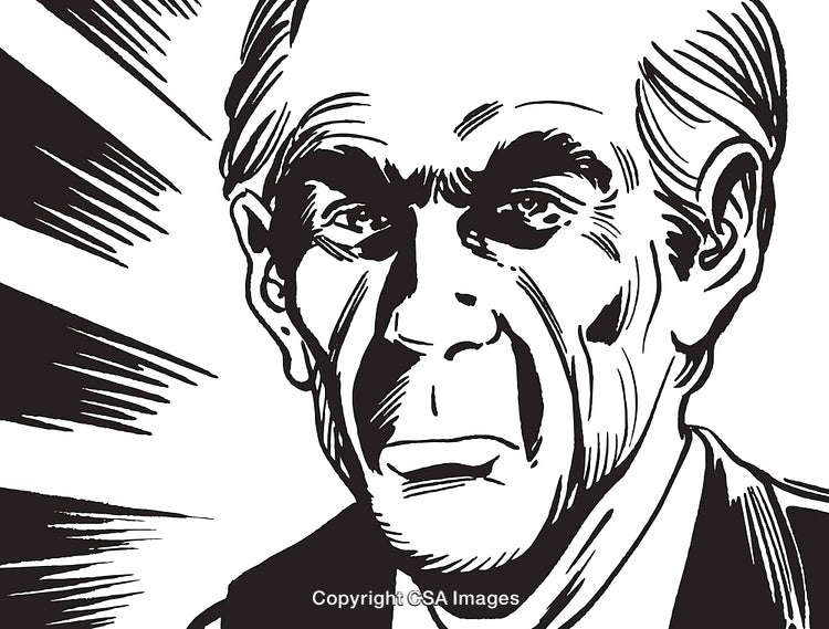 Black and White Illustrated Portrait of a Stern-Faced Elderly Man