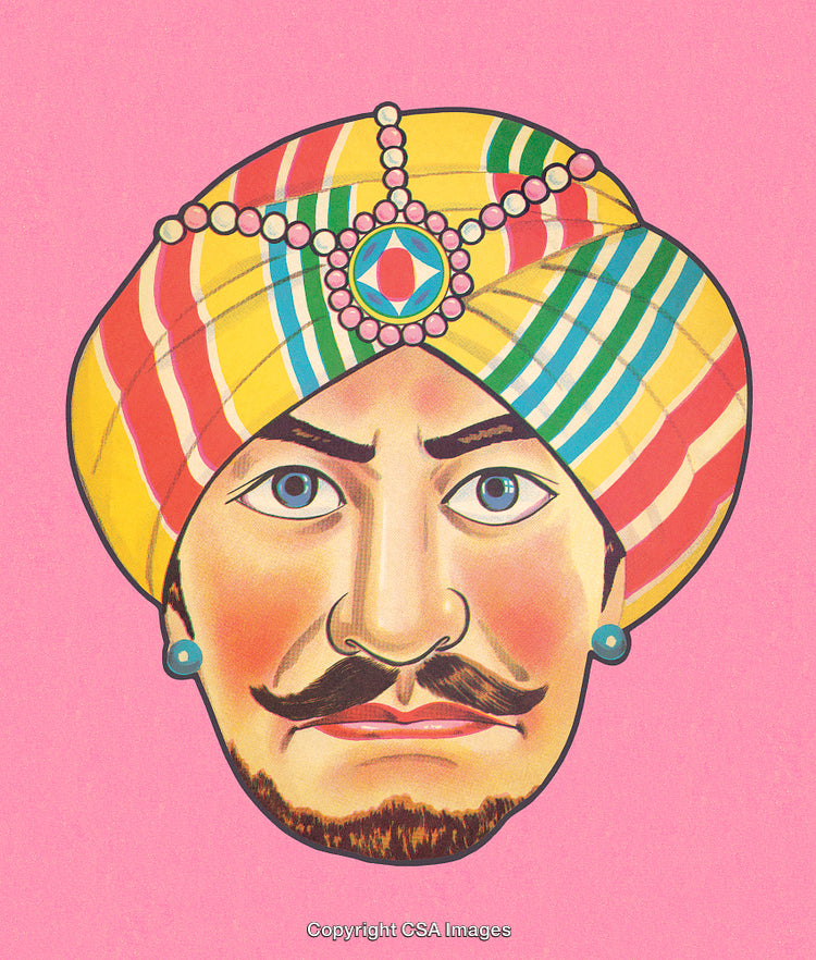 Colorful Illustration of a Man Wearing a Striped Turban on a Pink Background