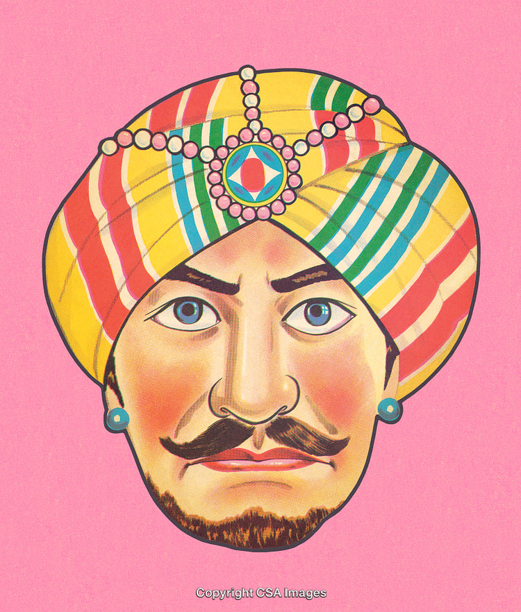 Colorful Illustration of a Man Wearing a Striped Turban on a Pink Background