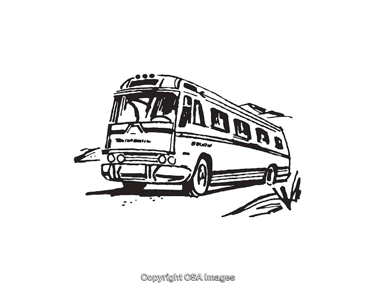 Vintage Line Art Illustration of a Bus in Motion on Open Road